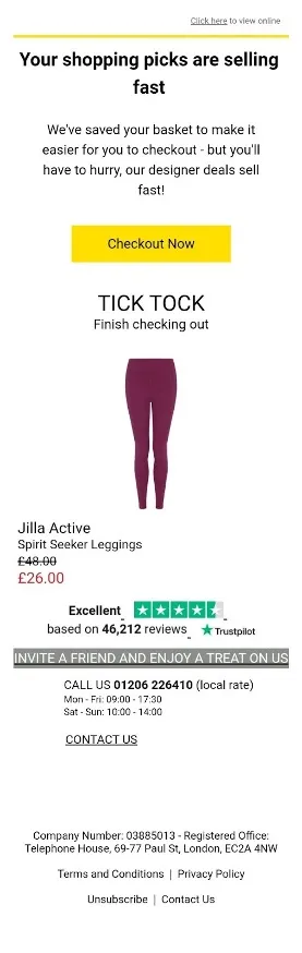 Abandoned cart email example showing product reminder with discount incentive and clear call-to-action for purchase completion